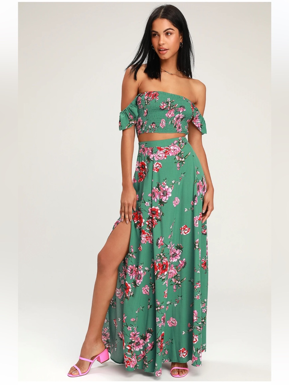 Lulu's Green Floral Maxi Skirt with Pink & Red Blooms